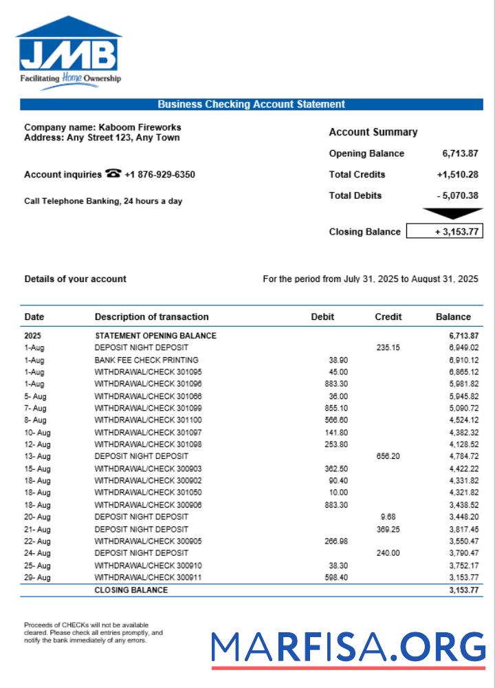 Printable Mortgage Bank organization checking account statement Word and PDF format real example